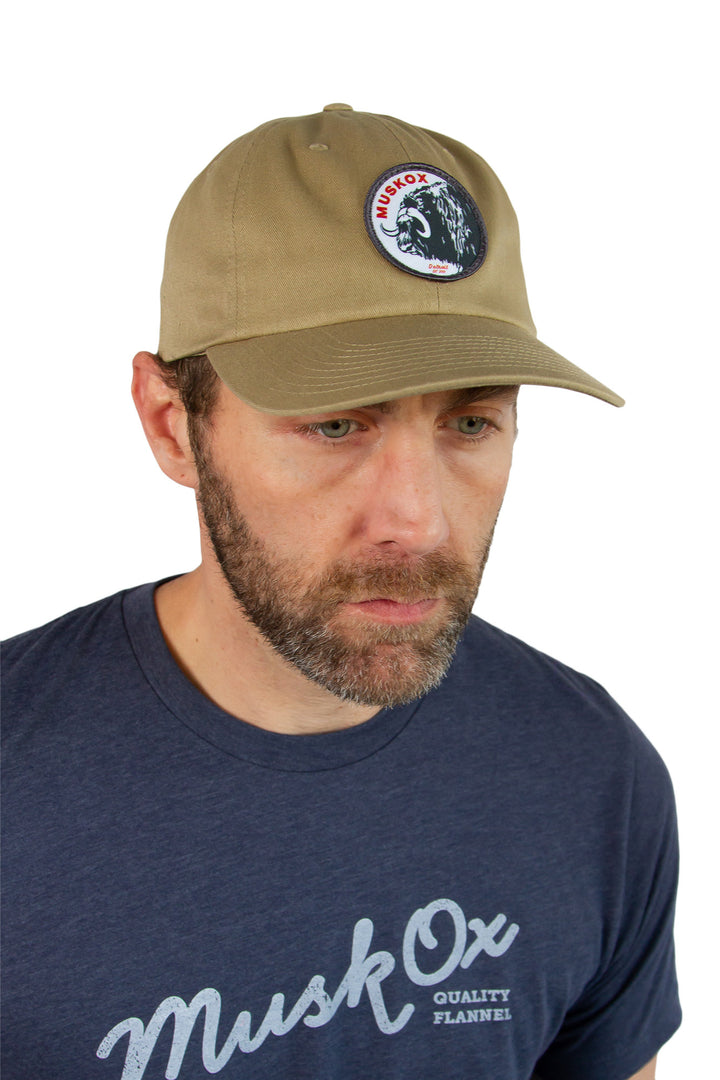 MuskOx Logo Patch Hat in Driftwood, Cotton Twill Chino Hat with Strap, Embroidered in USA