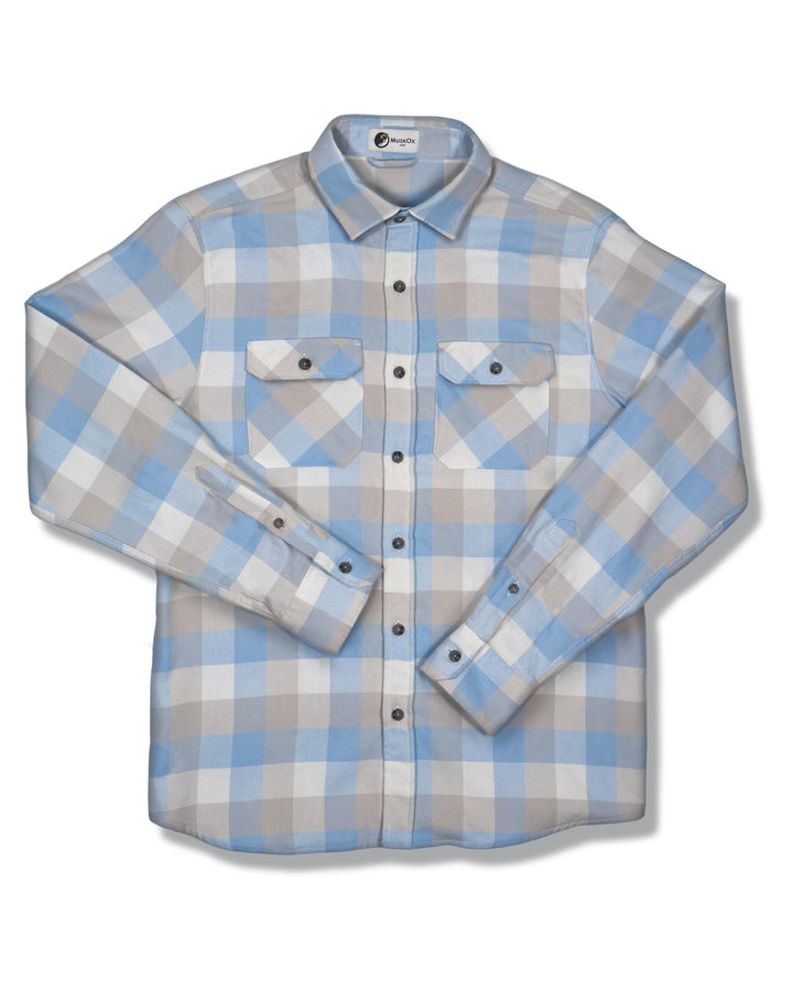 MuskOx Three Seasons Flannel in Vintage Sky Blue, 100% cotton lightweight flannel shirt for men
