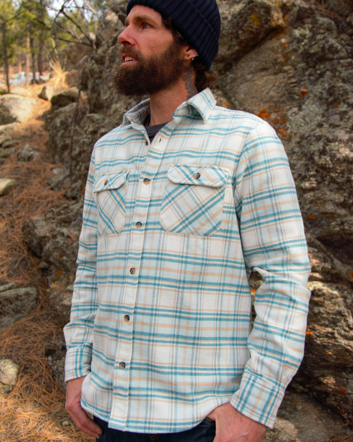 Grand Flannel Shirt for Men, 100% Cotton Heavyweight Flannel Shirt in Blue and Yellow Plaid