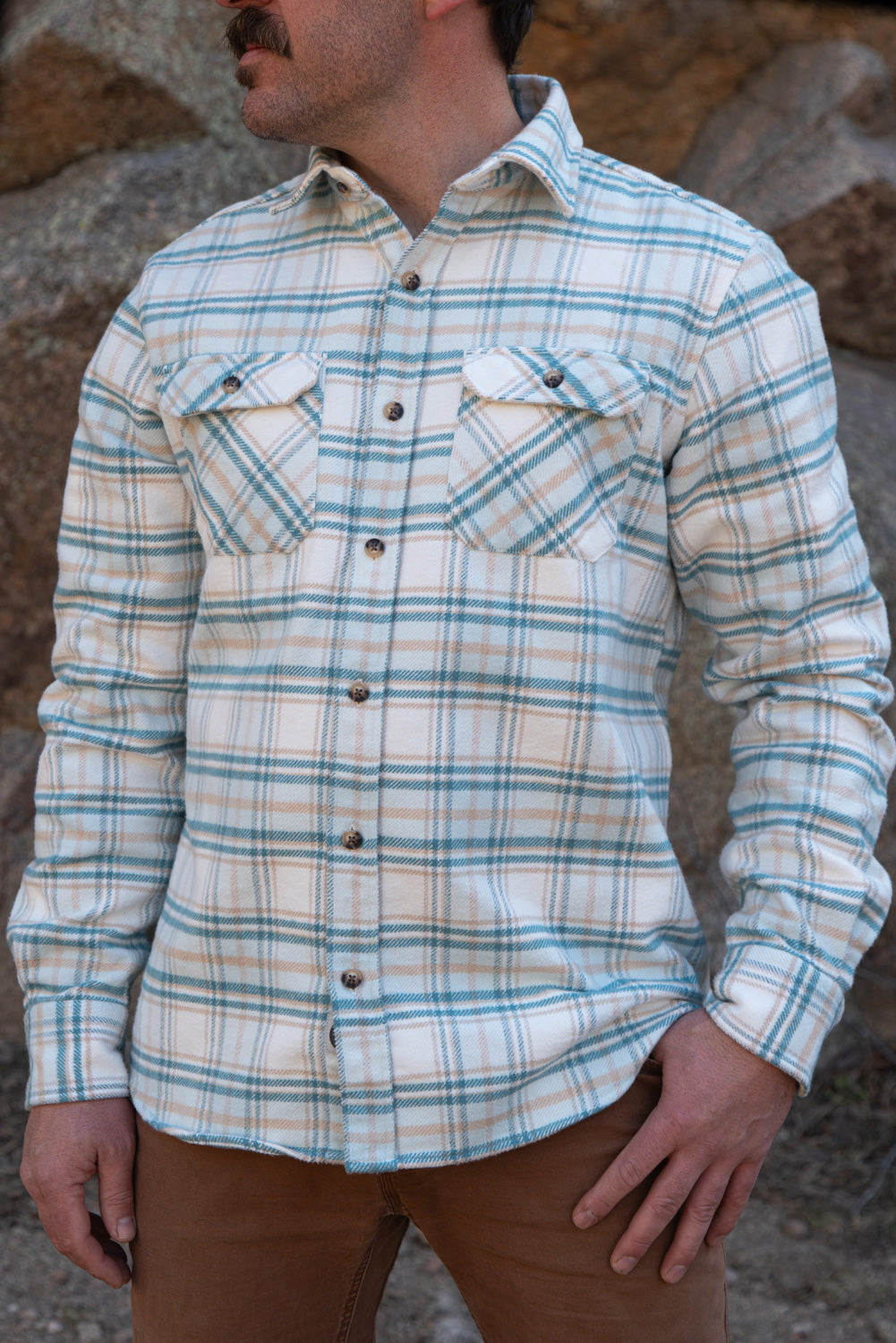 Grand Flannel Shirt for Men, 100% Cotton Heavyweight Flannel Shirt in Blue and Yellow Plaid