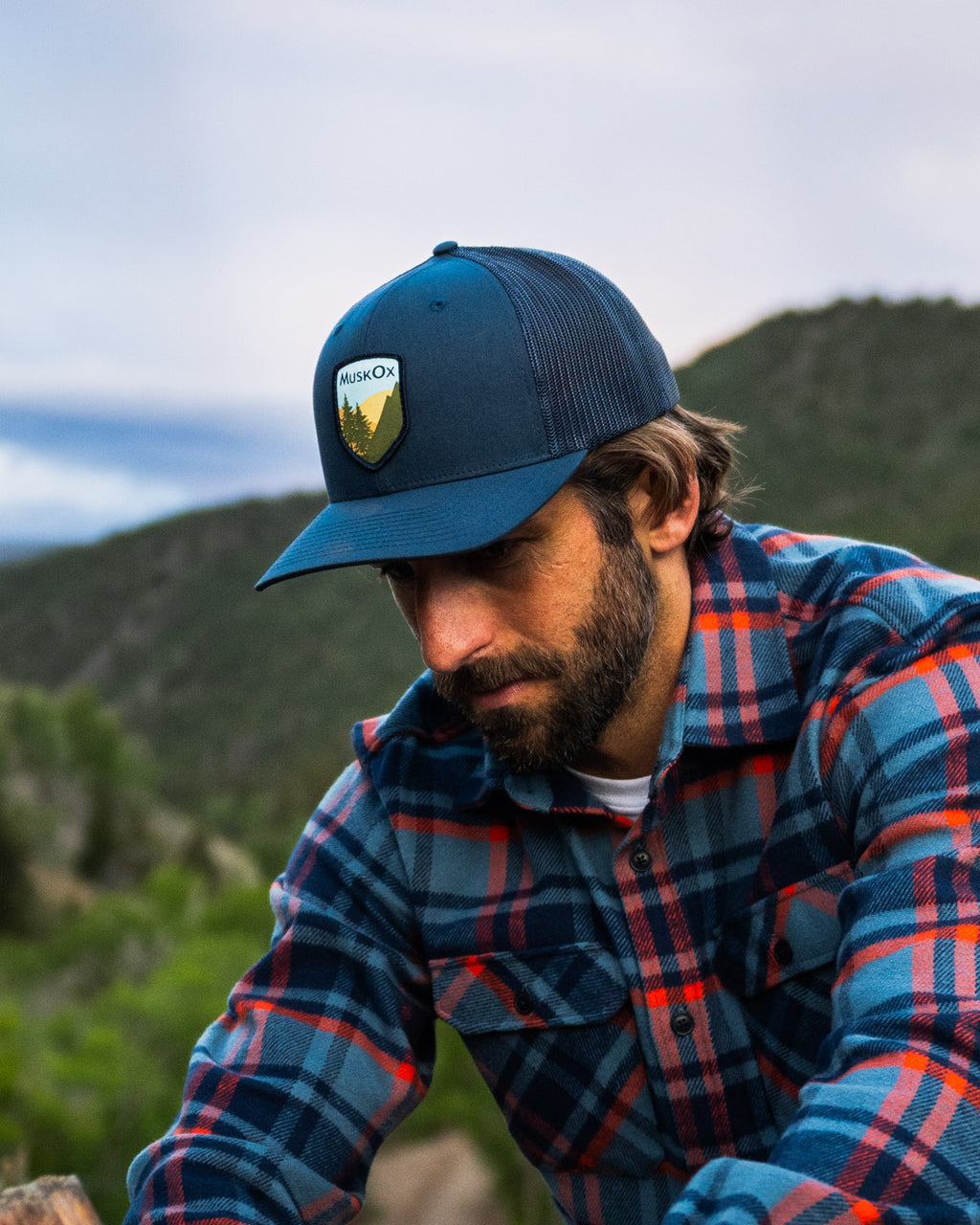 MuskOx Outdoor Apparel Patch Adjustable Trucker Hat in Navy