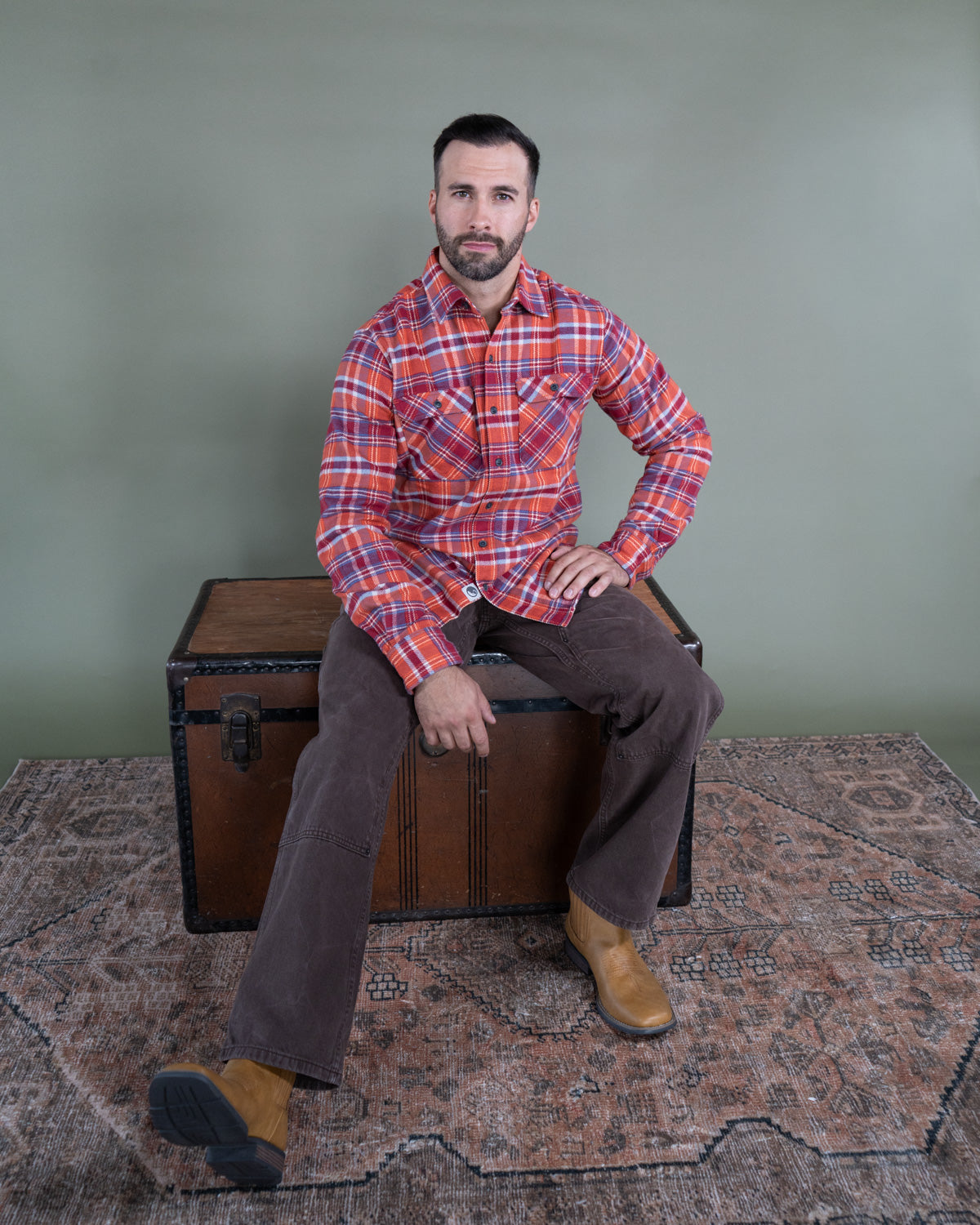 Soft Flannel Shirt for Men, 100% Cotton Flannel in Carmine Orange