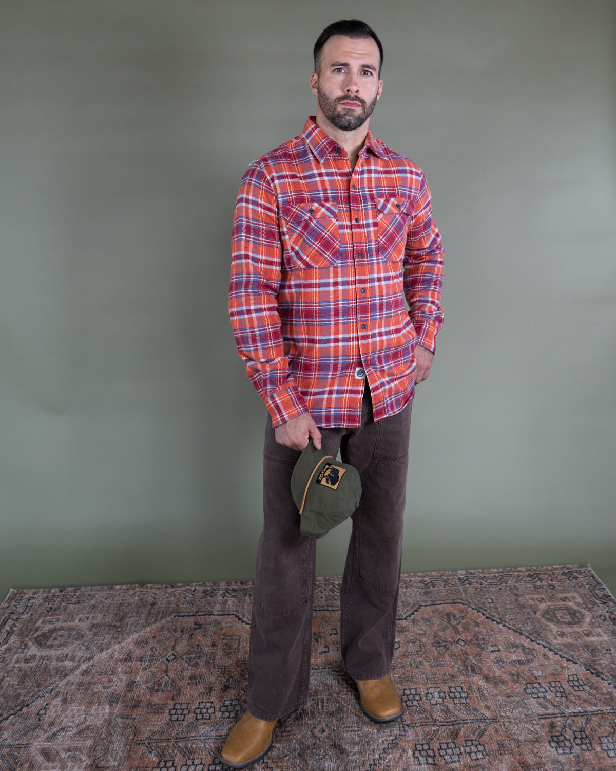 Soft Flannel Shirt for Men, 100% Cotton Flannel in Carmine Orange
