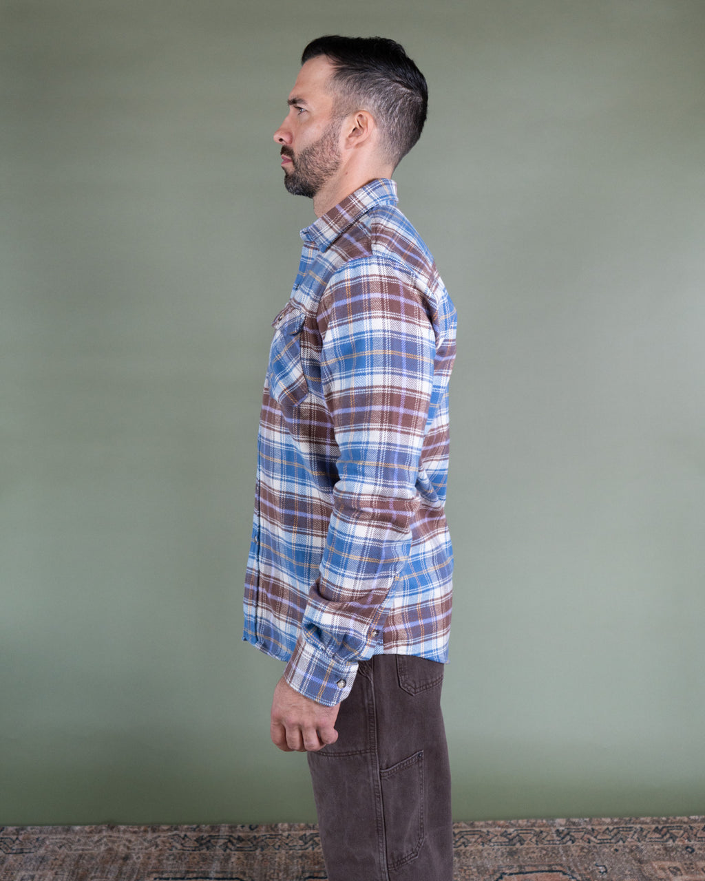 Men's Flannel Shirt for Fall in Brown and Blue Chestnut Plaid