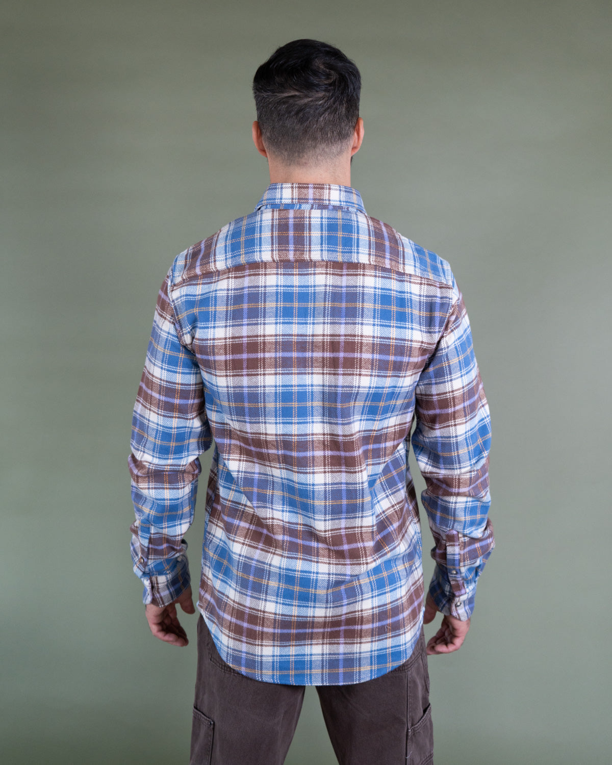 Men's Flannel Shirt for Fall in Brown and Blue Chestnut Plaid