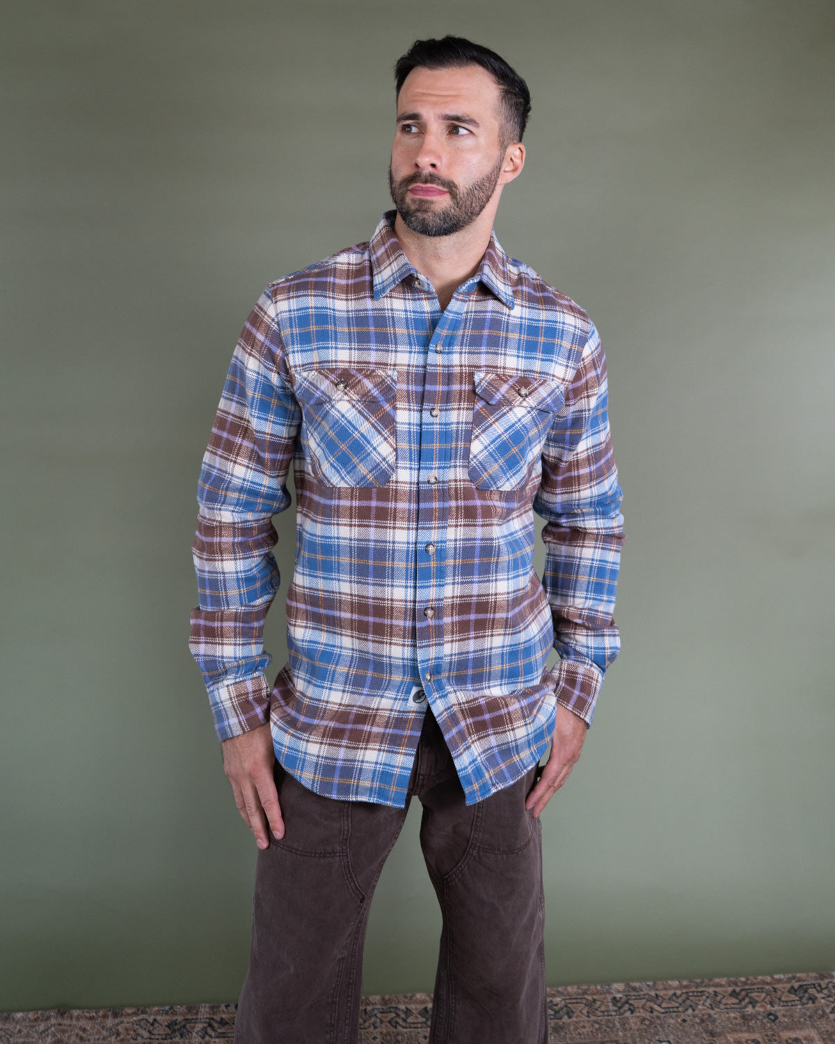 Men's Flannel Shirt for Fall in Brown and Blue Chestnut Plaid