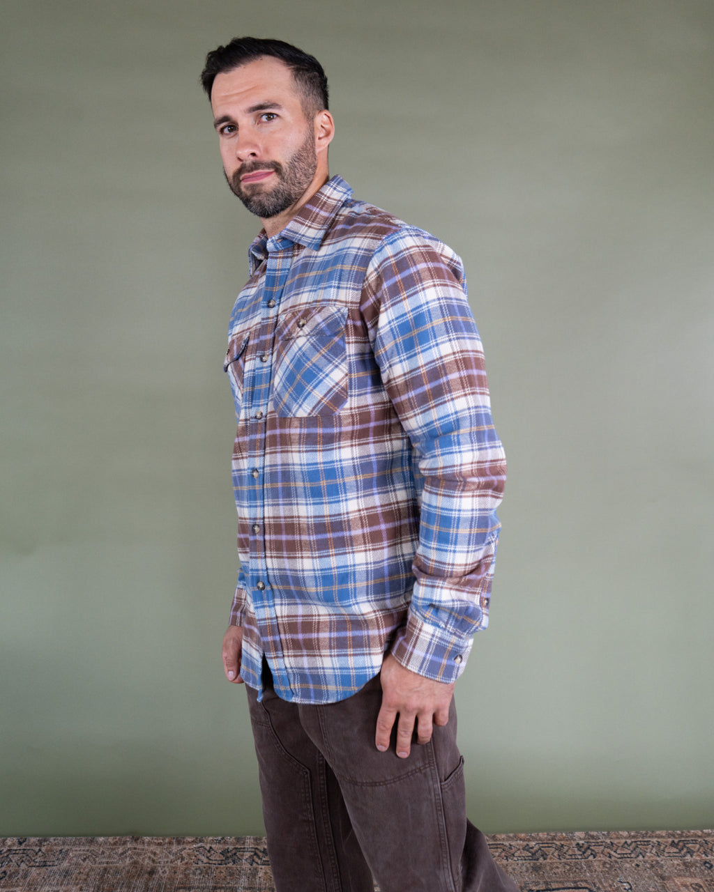 Men's Flannel Shirt for Fall in Brown and Blue Chestnut Plaid