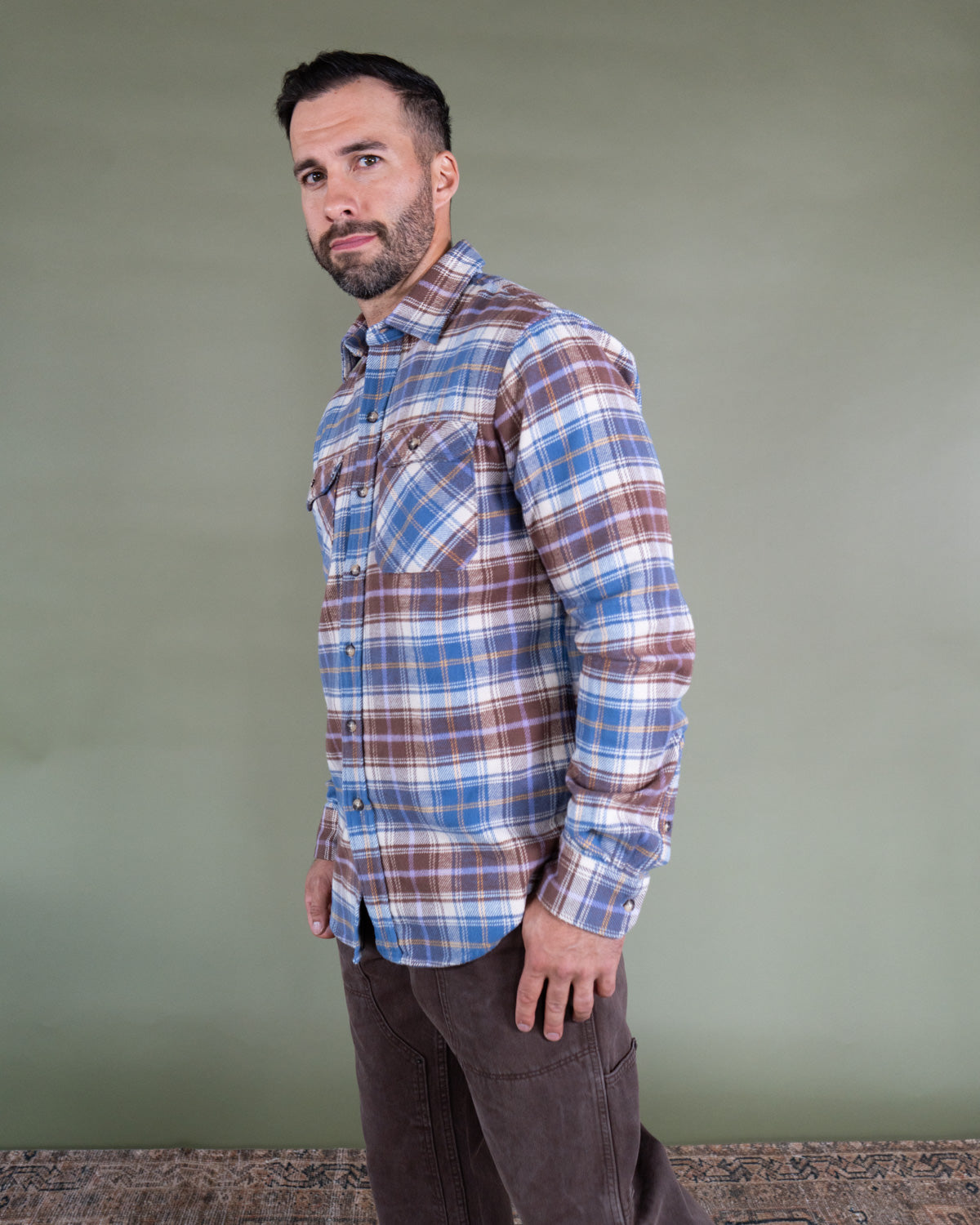 Men's Flannel Shirt for Fall in Brown and Blue Chestnut Plaid