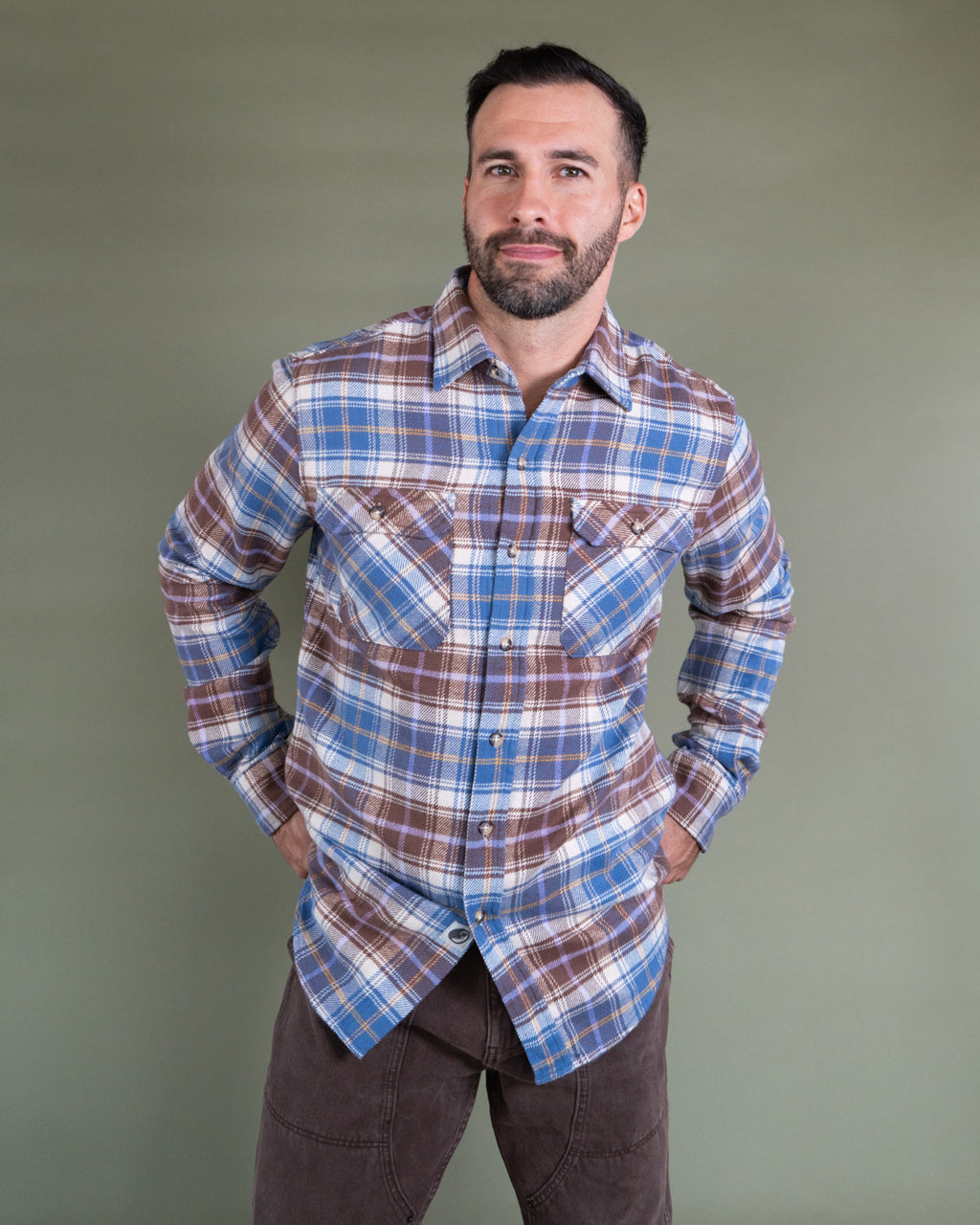 Men's Flannel Shirt for Fall in Brown and Blue Chestnut Plaid