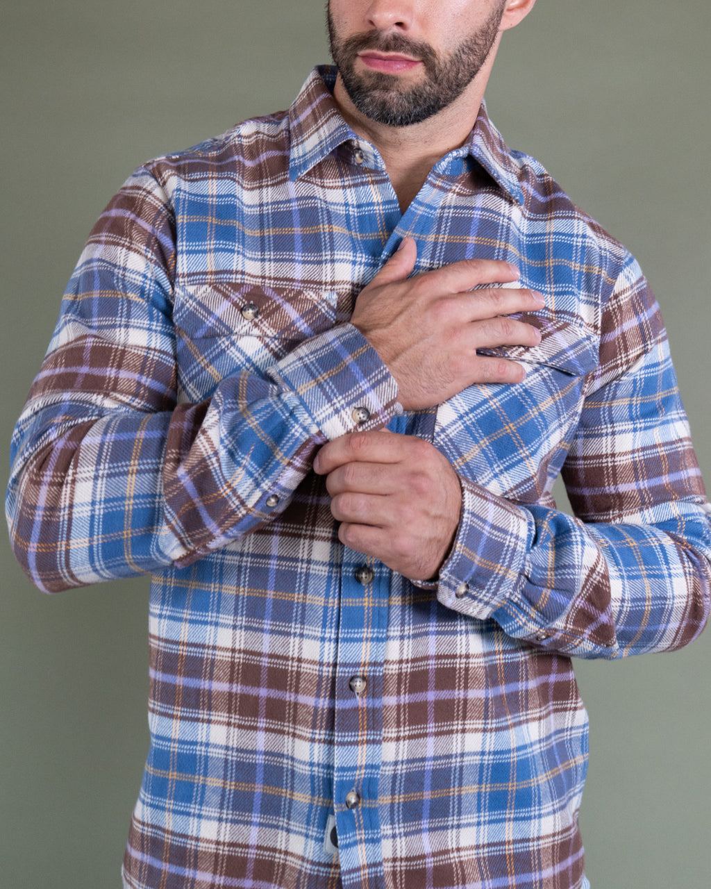 Men's Flannel Shirt for Fall in Brown and Blue Chestnut Plaid
