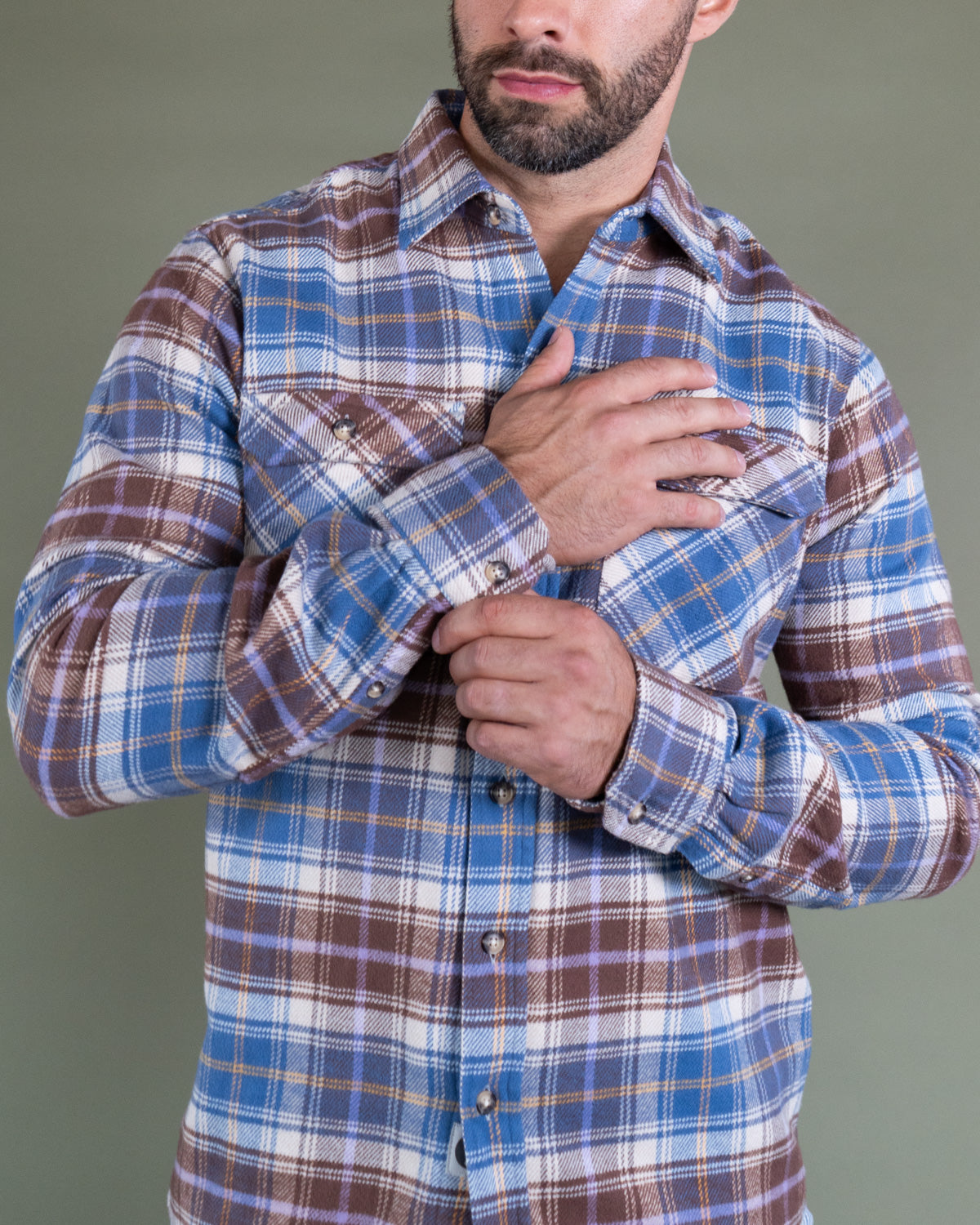Men's Flannel Shirt for Fall in Brown and Blue Chestnut Plaid