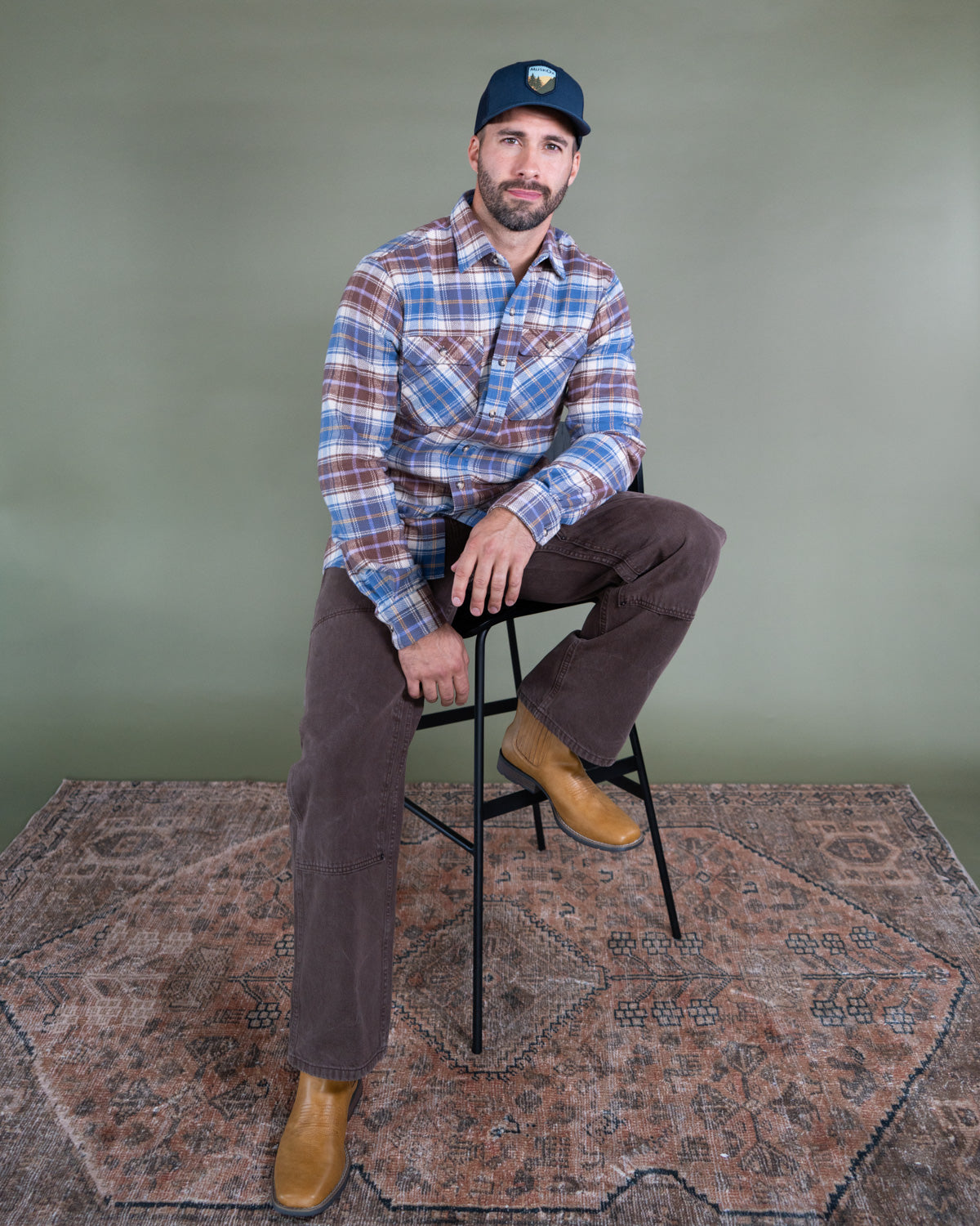 Men's Flannel Shirt for Fall in Brown and Blue Chestnut Plaid