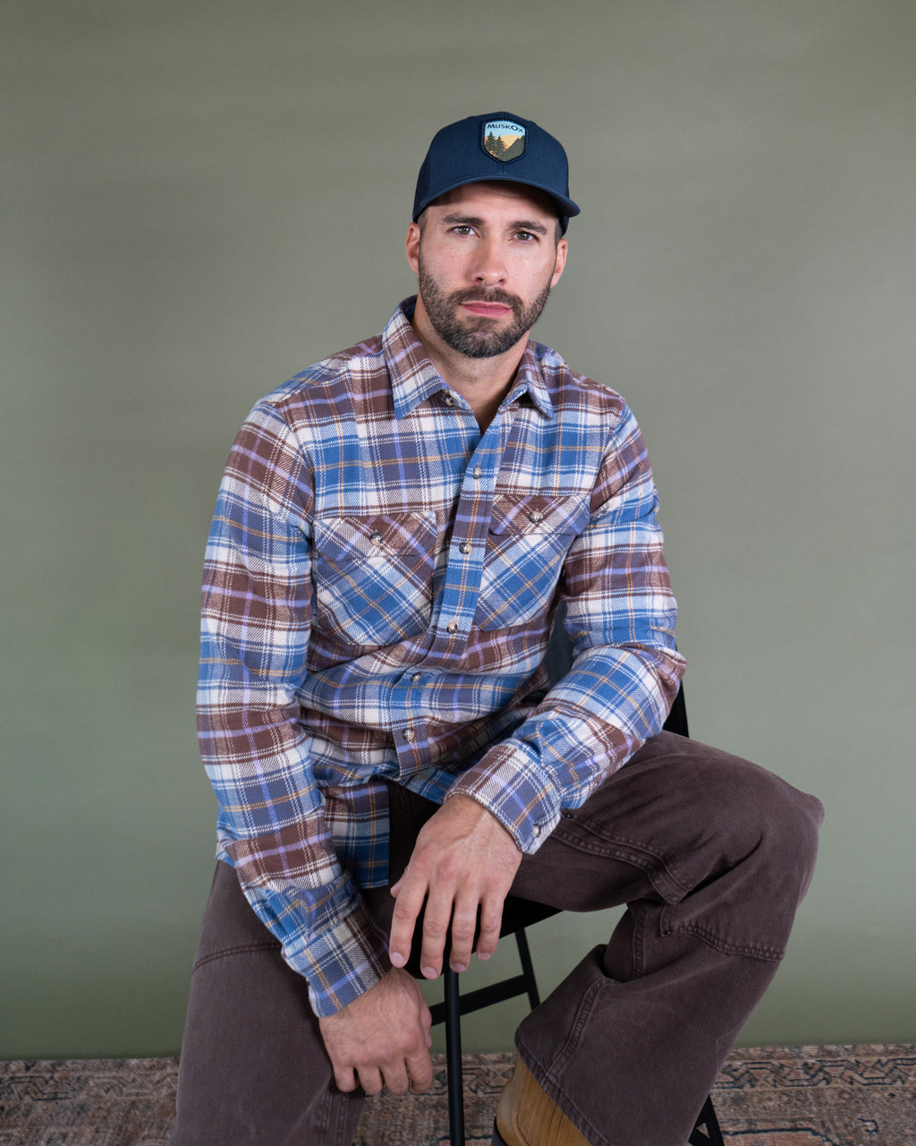 Men's Flannel Shirt for Fall in Brown and Blue Chestnut Plaid