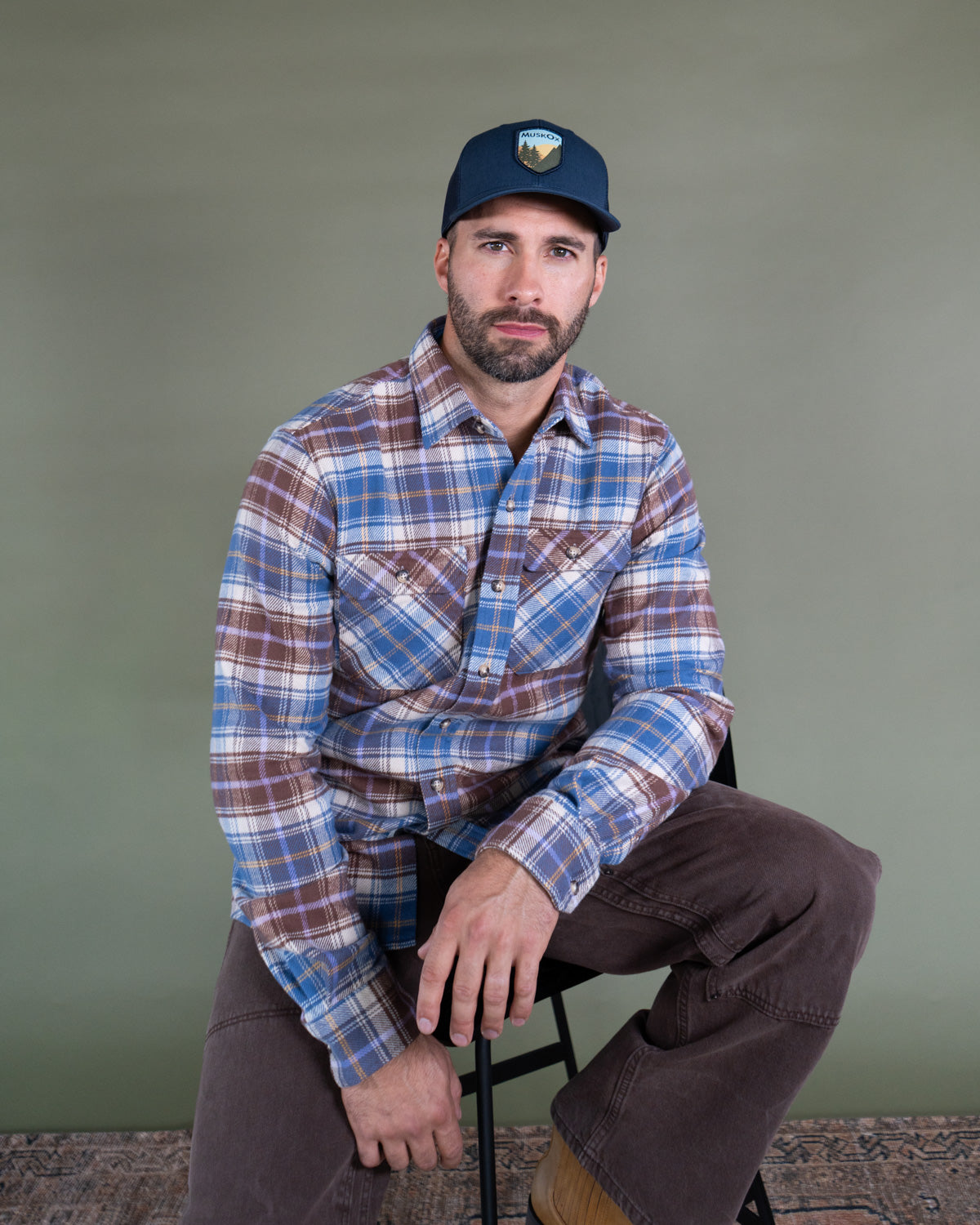 Men's Flannel Shirt for Fall in Brown and Blue Chestnut Plaid