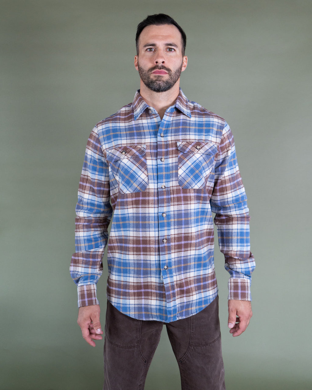 Men's Flannel Shirt for Fall in Brown and Blue Chestnut Plaid