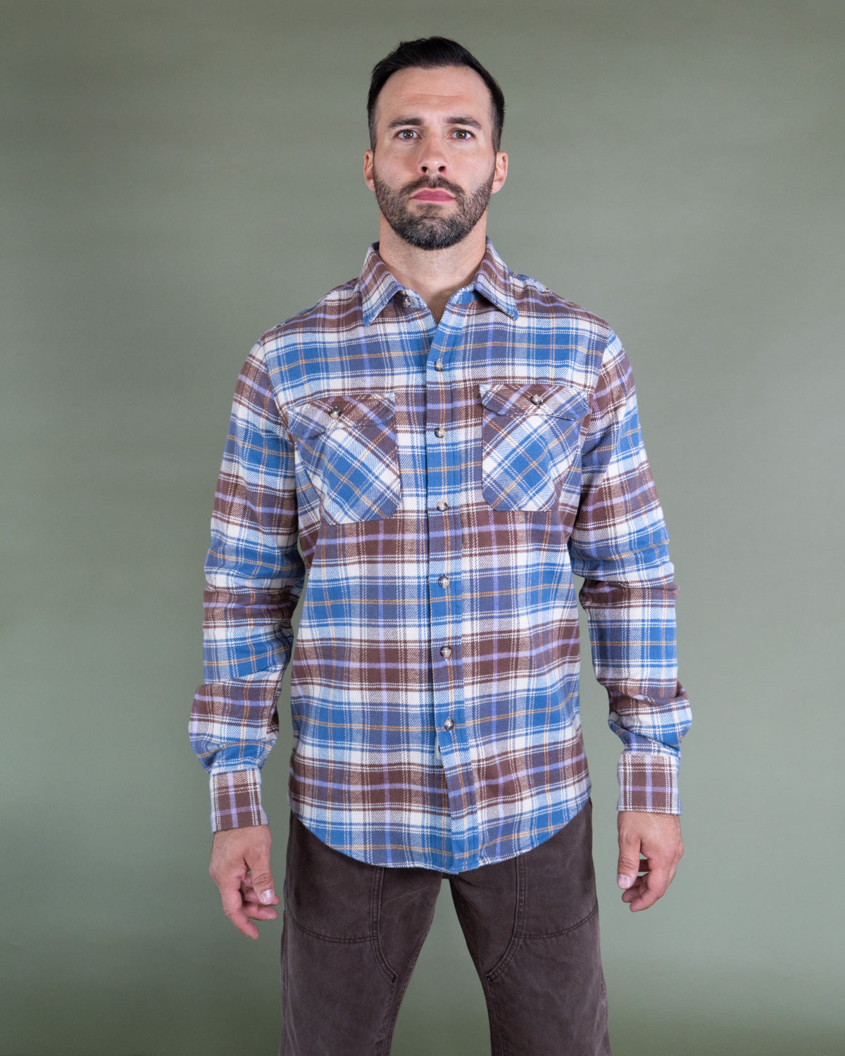 Men's Flannel Shirt for Fall in Brown and Blue Chestnut Plaid