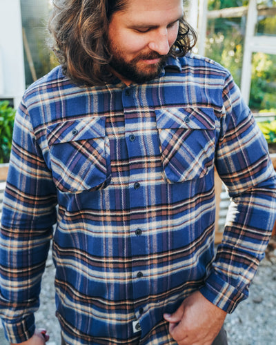 Relaxed Flannel Shirt in Blue and Brown Plaid for Men