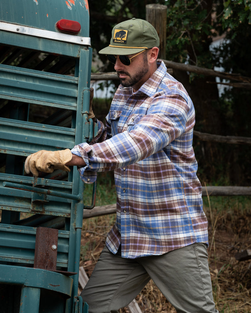 Men's Flannel Shirt for Fall in Brown and Blue Chestnut Plaid