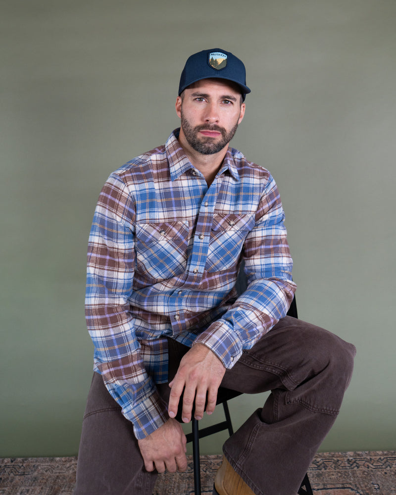 Men's Flannel Shirt for Fall in Brown and Blue Chestnut Plaid