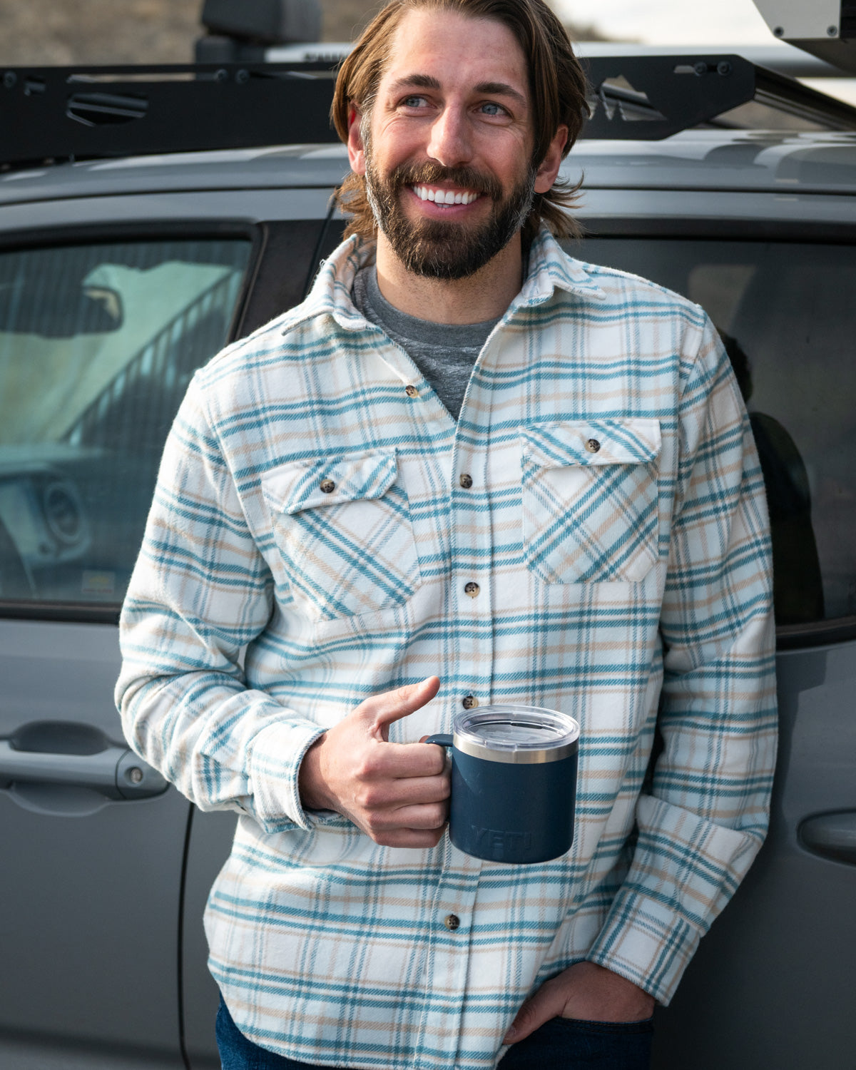 Grand Flannel Shirt for Men, 100% Cotton Heavyweight Flannel Shirt in Blue and Yellow Plaid