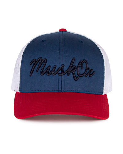 MuskOx Embroidered Trucker Hat in Red, Blue and White, Embroidered in USA