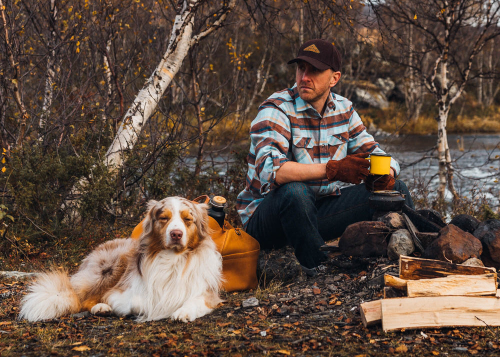 MuskOx Cinnamon Grand Flannel, Man outside with dog