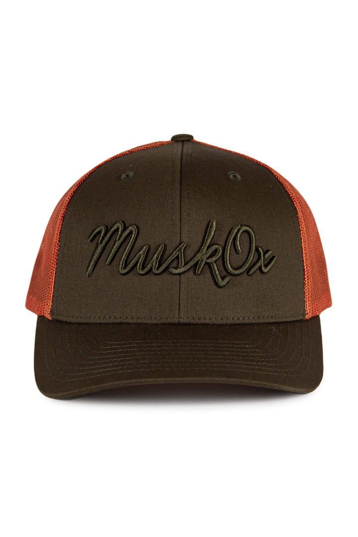 MuskOx Embroidered Trucker Hat in Orange and Green, Embroidered in USA