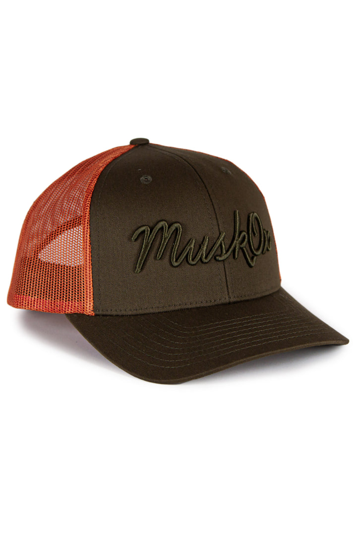 MuskOx Embroidered Trucker Hat in Red, Green and Orange, Embroidered in USA