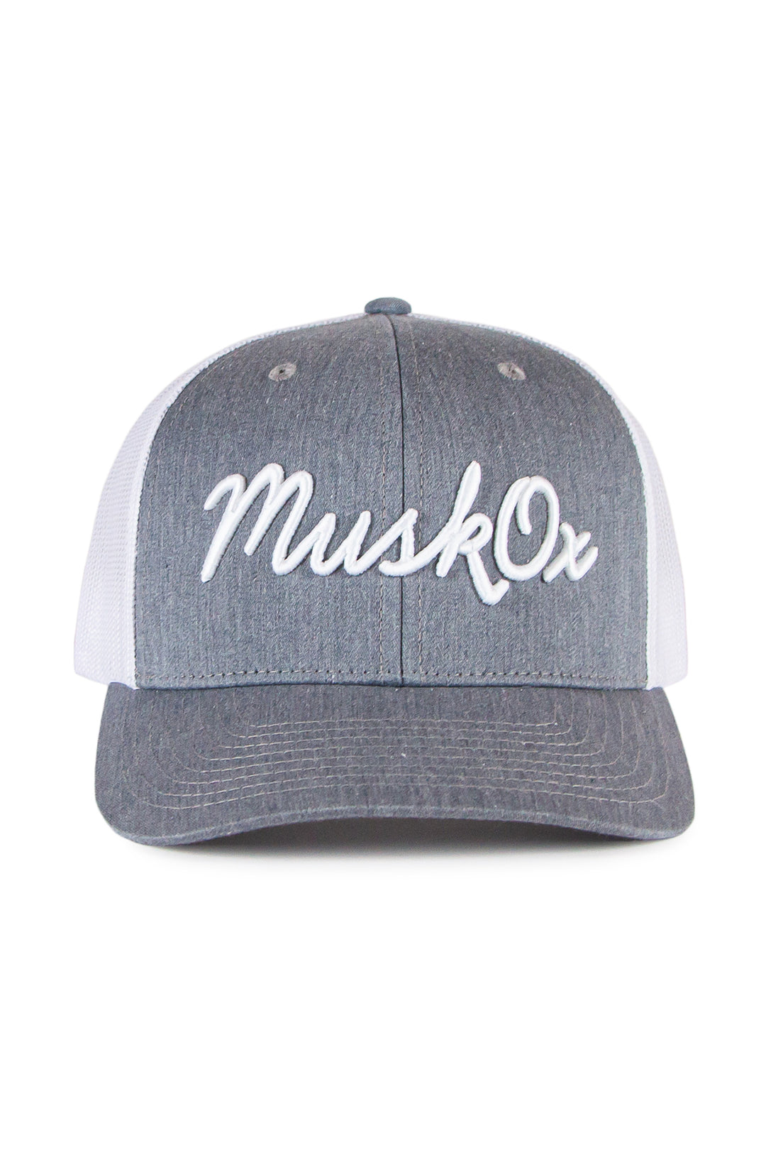 MuskOx Embroidered Trucker Hat in Grey and White, Embroidered in USA