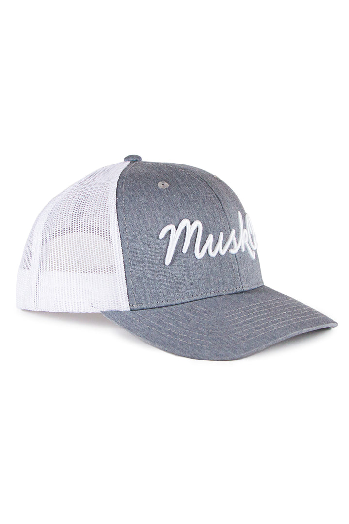 MuskOx Embroidered Trucker Hat in Grey and White, Embroidered in USA