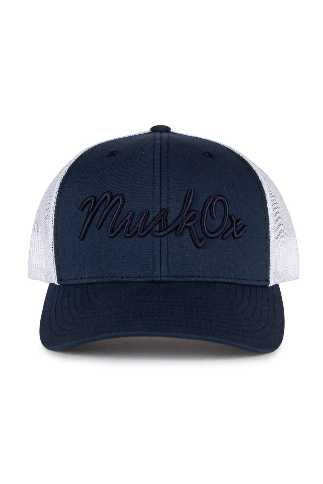MuskOx Embroidered Trucker Hat in Navy and White, embroidered in USA