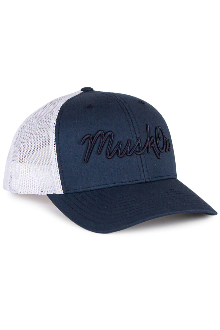 MuskOx Embroidered Trucker Hat in Navy and White, Embroidered in USA