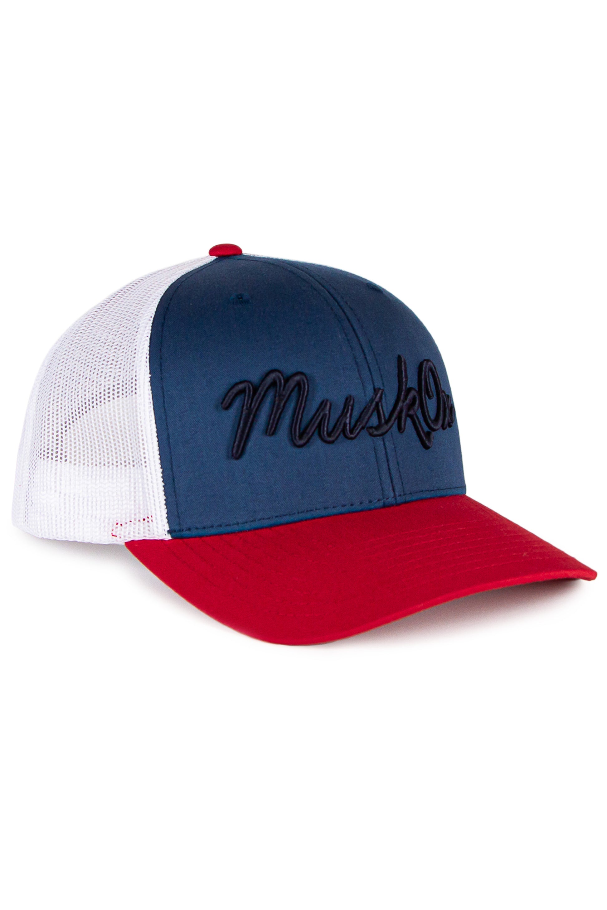MuskOx Embroidered Trucker Hat in Red, Blue and White, Embroidered in USA