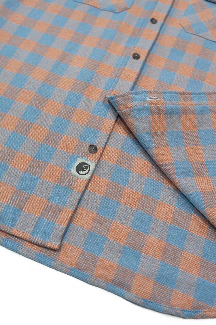 Grand Flannel in Tangerine Orange and Blue Check, Cotton Flannel Shirt for Men by MuskOx