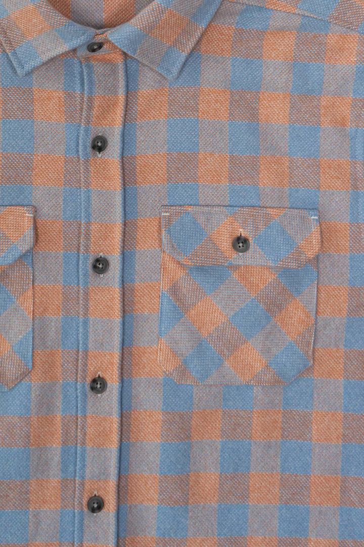 Grand Flannel in Tangerine Orange and Blue Check, Cotton Flannel Shirt for Men by MuskOx