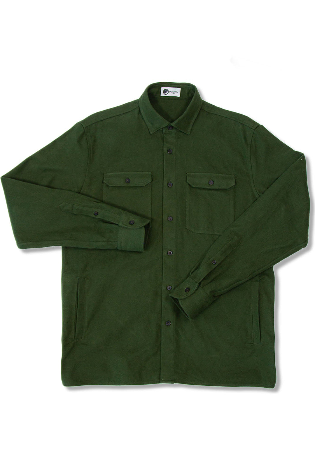 MuskOx Clothing The Yukon Flannel Shirt Jacket, Green. Green Flannel Shirt Jacket. 100% Cotton, Durable Flannel Shirt. Our flannels are made of a heavy duty cotton twill with a soft brushed finish so you can be prepared for any adventure without sacrificing comfort. Since we want you to be built for every occasion, we've included two secure chest pockets and side pockets for you to bring your vitals along.