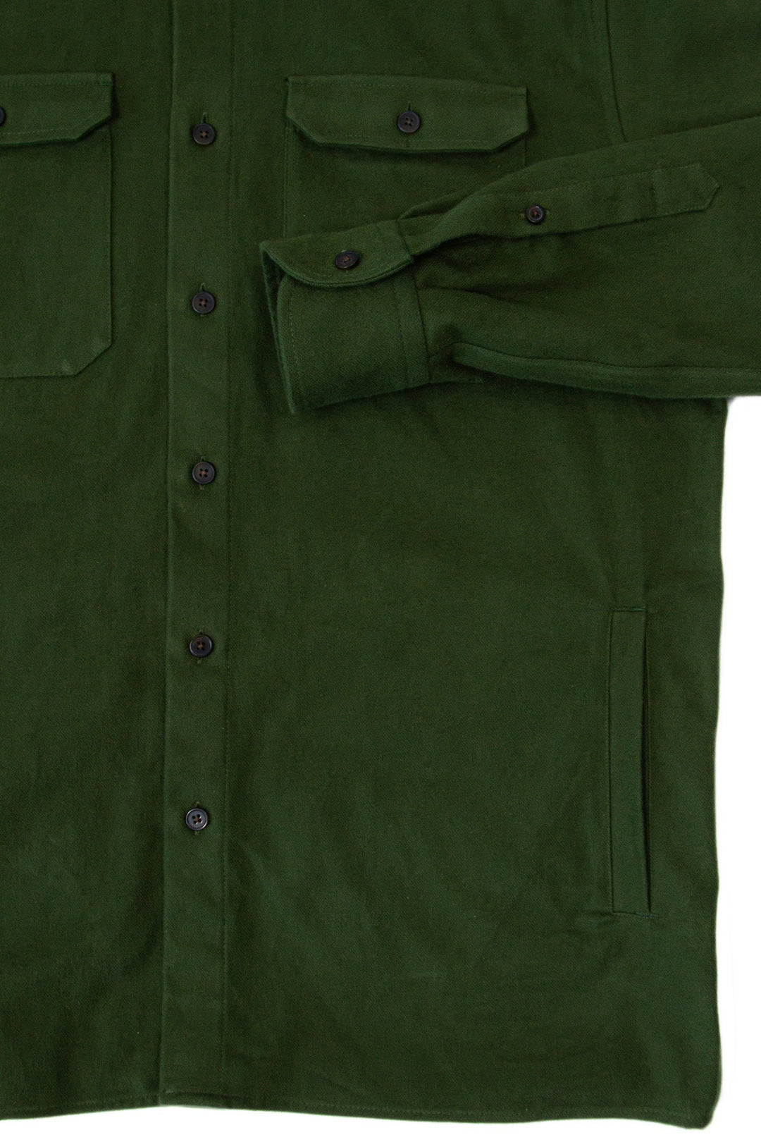 MuskOx Clothing The Yukon Flannel Shirt Jacket, Green. Green Flannel Shirt Jacket. 100% Cotton, Durable Flannel Shirt. Our flannels are made of a heavy duty cotton twill with a soft brushed finish so you can be prepared for any adventure without sacrificing comfort. Since we want you to be built for every occasion, we've included two secure chest pockets and side pockets for you to bring your vitals along.