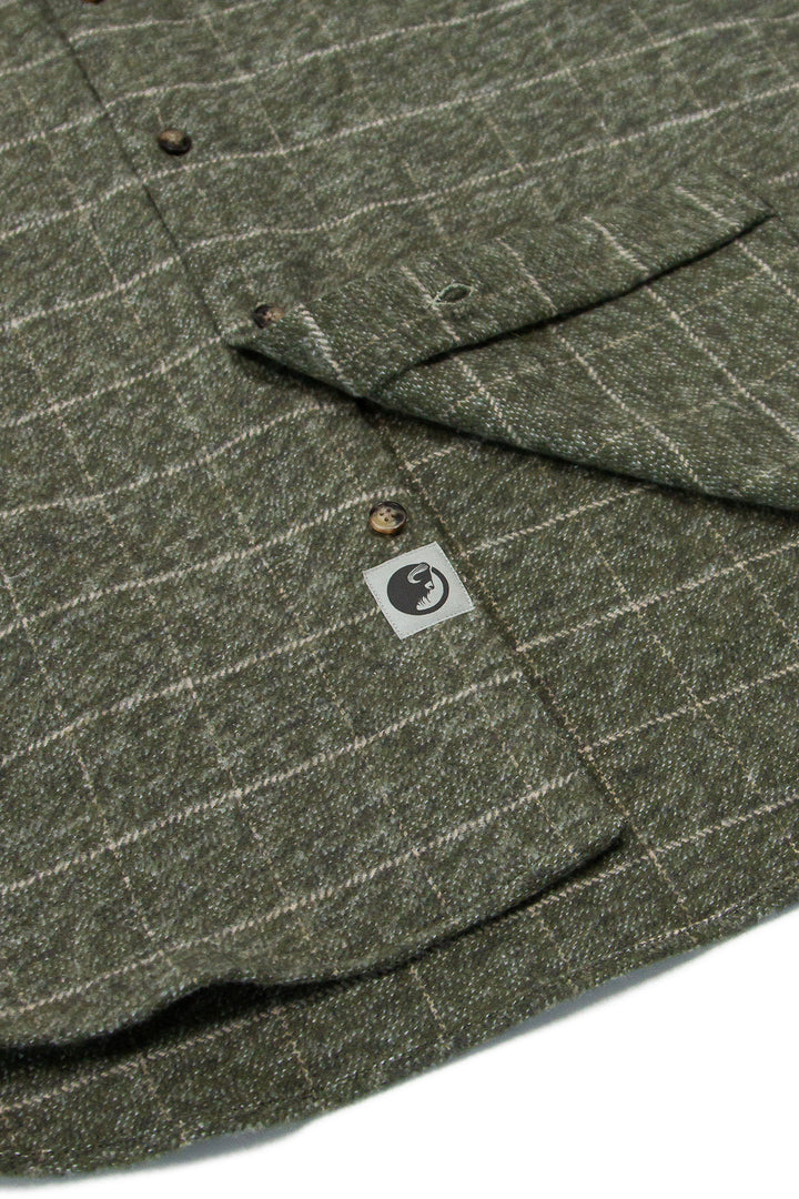 Relaxed fitting flannel shirt in moss for men by MuskOx Flannels, made with 100% heavyweight cotton